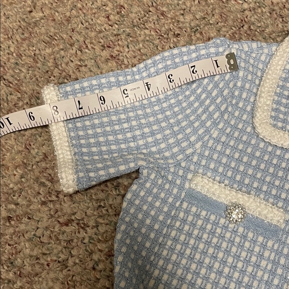Blue and White check knit boucle ultra stretchy Dress with pearl/diamond buttons - Picture 8 of 10